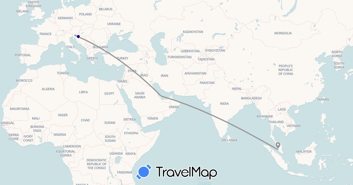 TravelMap itinerary: driving, plane in Croatia, Malaysia, Qatar, Slovenia (Asia, Europe)