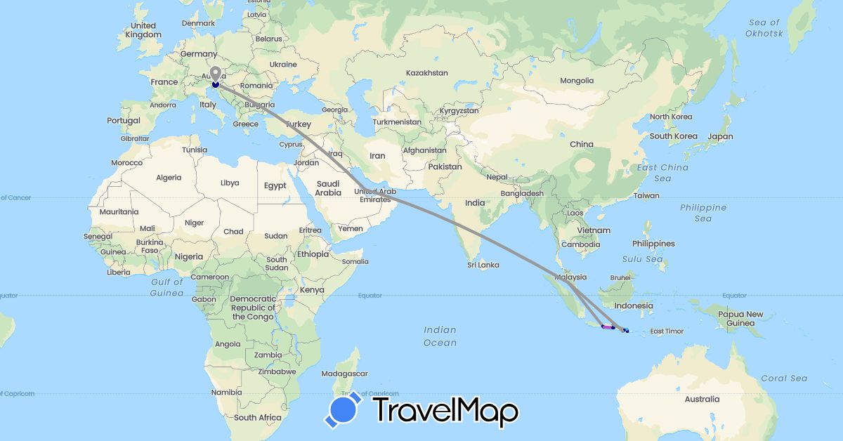 TravelMap itinerary: driving, plane, train, boat in Croatia, Indonesia, Malaysia, Qatar, Slovenia (Asia, Europe)
